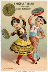 Spanish children dancing with tambourines made of pesetas, from a series of promotional cards on currencies in different countries, published in Paris by Vieillemard for use by Chocolat Ibled, 1886-95