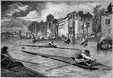 Sports competition: canoe race (outrigger) on the Thames. England