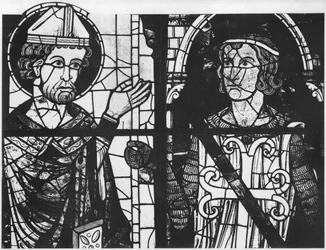 St. Denis giving the oriflamme to the knight Clement (marechal of Metz) (detail)