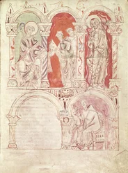 St. John Cassian Writing and Monks Offering the Book to the Patron of the Abbey, from Collationes by Cassian, from the Abbey of St. Amand
