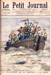 Swimming the English Channel. Englishman Jabez Wolffe making the first of his 22 unsuccessful attempts to swim across the Channel. Illustration for Le Petit Journal