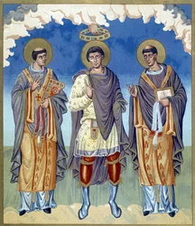 Symbolic coronation of a Frankish prince surrounded by religious figures. Illustration taken from "France in the 9th century".