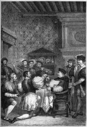 THOMAS CARDINAL WOLSEY (1475? -1530) IS SERVED AT TABLE BY NOBLES AND GENTLEMEN - THOMAS WOLSEY (1475? -1530) was served on knees by his men of the highest rank - engraving in 