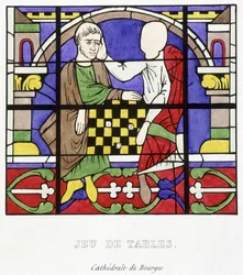 Table game. Facsimile of a stained glass from the Middle Ages in Histoire de la peinture sur verre by Ferdinand de Lasteyrie