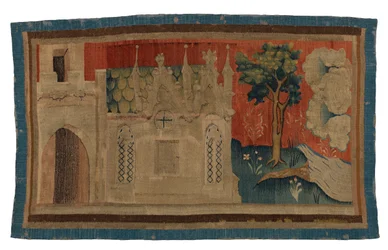 Tapestry fragment depicting Gothic Church in Landscape, from the Apocalypse of Angers