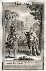 Telemaque being in the Champs Elisees is recognized by Arcesius - engraving of 1798 after Monnet in 