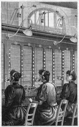 Telephone office of rue Gutenberg in Paris in 1895. Multiple table section of 240 subscribers served by 3 telephonists.