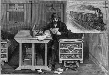 Telephonic communications of running trains, Thomas Edison system: an employee equipped with telephonic apparatus receiving a speech inside a moving car. Engraving in 