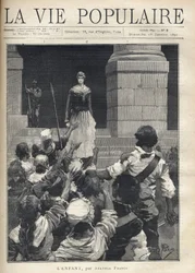 Terror during the French Revolution: a young woman descends the steps of a revolutionary court in front of an angry crowd threatening her. Illustration for 