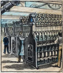 Textile, linen: the workshop. Transforming the ribbons into drills and then into threads using spinning metiers. Engraving. Epinal imaging late 19th century.