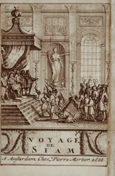 Thai ambassadors received in Paris by Louis XIV, frontispiece to Journey to Siam by Guy Tachard, 1688