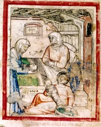 Thamar gives birth to twins, Perets and Zerah, sons of Judah, Miniature from codex 212 (or Padovano Codice or Bible of Padua) 1390-1400