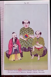 The Ancestral Gods of Medicine: Hwang-ti, Fuh-hsi holding the Tai-ki, Shen-nung tasting a medicinal plant, illustration after popular Chinese pictures