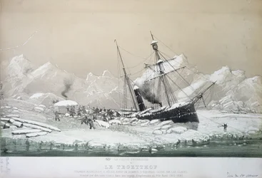 The Austrian Screw Steamer Tegetthof stuck in ice and attacked by Polar bears during the voyage of exploration to the North Pole 1872-4