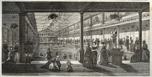 The Baths at Hotel Lambert, Ile Saint-Louis, Paris, mid-19th century - Hotel Lambert, Ile Saint-Louis, swimming school for ladies - Bain Lambert - Engraving in Tableau-de-Paris by Edmond Texier 1852