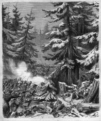 The Battle of Hohenlinden (near Munich, Germany) on 12 Frimaire, IX (3 December 1800) between the French troops of General Jean Victor Moreau and the Austrian and Bavarian forces commanded by Archduke Jean-Baptiste of Austria.