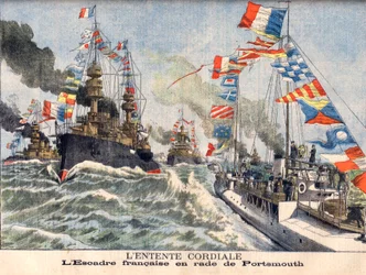 The Cordial Entente. English naval squadron in Portsmouth Harbour. Illustration for Le Petit Journal