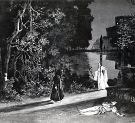 The Death of Pelleas, Act IV, Scene 4 of Pelleas et Melisande by Debussy (from a photograph of the first production in April, 1902 of the opera at the Opera-Comique in Paris, illustration in Theatre magazine, June, 1902)