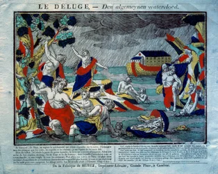 The Deluge, the Ark of Noah on the right Engraving of the 19th century. Paris, Museum of Popular Arts and Traditions