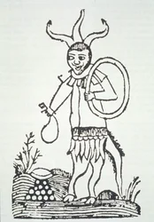 The Devil pointing out Hidden Treasures, copy of an illustration from Le Veritable Dragon Rouge, 2nd version, Lille 1521, used in a History of Magic, published late 19th century