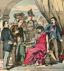 The Frankfurt Treaty signed on 10 May 1871 ended the Franco-German war, after negotiations between Adolphe Thiers and Otto von Bismarck: France had to cede Alsace and part of Lorraine, and pay 5 billion francs. Engraving, in Le Figaro, supplement, on