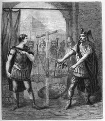 The Gallic army leader Brennos (Brennus) defeats the Romans and proclaims “Vae victis” (Woe to the vanquished). The Gauls demanded ransom after their conquest of Rome - Brennus, leader of the Gallic tribe of the Senones, pronounces the fateful “Vae