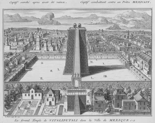 The Great Temple of Vitsliputsli in Mexico City, illustration from Religious Ceremonies and Customs, 1722