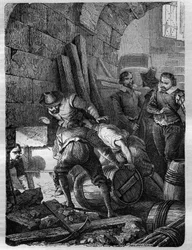 The Gunpowder Plot: Conspiracy of Catholics formed to assassinate King James I, his family and part of the aristocracy by detonating the Palace of Westminster (London) at the opening ceremony of Parliament on 5 November 1605. Engraving in “History of the”.