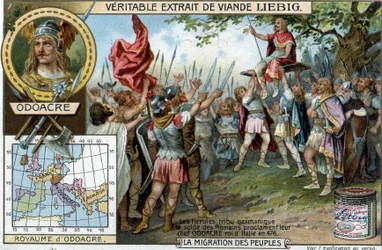 The Herules, a German tribe in the pay of the Roman soldiers, proclaimed their chief Odoacre king of Italy in 476 (end of the Roman Empire) - Liebig advertising sticker