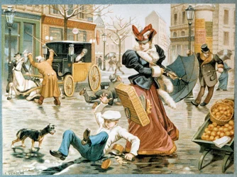 The Ice Scene in Paris during the winter, a clerk slides on the floorboard because of the ice, as well as a horse pulling a carriage
