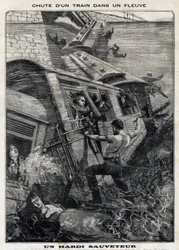 The New York Buffalo Train Falls into a River in the United States: A Man Tries to Save Passengers at Risk of Drowning. In Le Petit Parisien on 7/11/1897. Private Collection