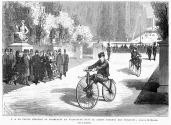 The Prince Imperial, watched by his parents, the Emperor and Empress, shows his skill in cycling on a Michaux velocipede in the Tuileries Gardens, Paris, 1869