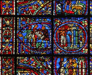The Prodigal Son window: he is attacked; a courtesan throws him out