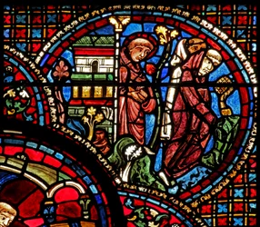 The St Lubin Window: He Sets Out from the Church with Two Monks