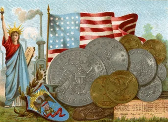 The Statue of Liberty beside a factory chimney, the American flag and a display of dollars, c.1890