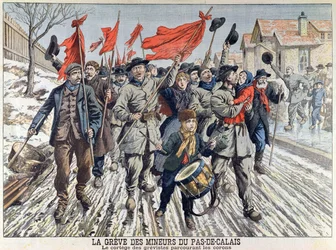 The Strike of miners in Pas-de-Calais, the procession of the strikers in the mining village, from Le Petit Journal, 1st April 1906