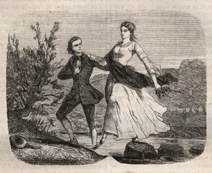 The Swiss Philosopher Jean-Jacques Rousseau (1712-1778) Helped Mademoiselle Galley Cross a Stream. Engraving from 1871 in 