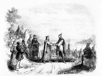 The Treaty of Saint-Clair-sur-Epte between Charles III the Simple (879-929), King of France (898-923), and Rollo the Viking in 911