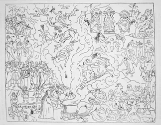The Witches Sabbath, copy of an illustration from Tableau de linconstance des mauvais anges by Pierre de Lancre, Paris 1612, used in a History of Magic, published late 19th century