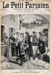 The accommodation ticket, which entitles a bed and a candle, distributes to the soldiers after their exercises and large manoeuvres. In Le Petit Parisien on 3/09/1893 (engraving)