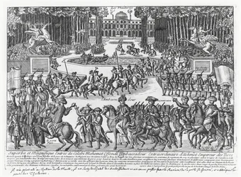 The arrival of Mehmed Celebi Efendi, ambassador of Sultan Ahmed III of Turkey, at the Tuileries to be received by Louis XV in 1721