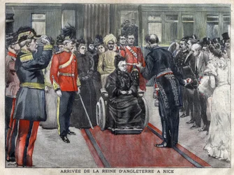 The arrival of the Queen of England, Victoria (1837-1901) in Nice in 1899. Engraving of 1899 in 