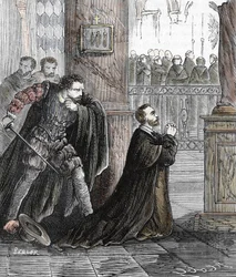 The assassination of Inquisitor Pedro de Arbués (1441-1485) on 17/09/1485 in Zaragoza Cathedral, Spain