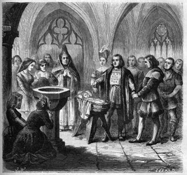 The baptism of John Ango (1488-1551), future navigator, in the Church of Saint Remi in Dieppe. Engraving from 1865-1866