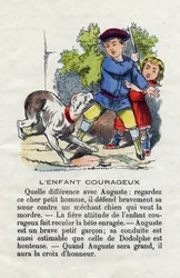 The brave child. A child defends his sister against a dog. Little boys alphabet. Abecedary has moral value containing reading exercises. Epinal imaging