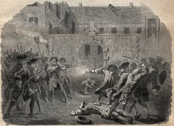The brigand Louis Dominique Garthausen called Cartridge (1693-1721) and his companions going to despoil the Hotel Desmaretz in Paris, are surprised and attacked by the archers after a fierce fight, they flee through the roofs - French brigand Louis Domini