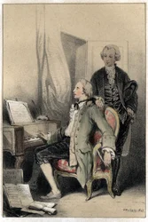 The composer Wolfgang Amadeus Mozart (1756-1791) composing the requiem. Plate taken from 