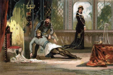 The death of Louis V said the Faineant, King of France. According to the picture, he was poisoned by his wife Adelaide d
