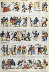 The different stages of a 19th century fire. Picture of Epinal from the 19th century