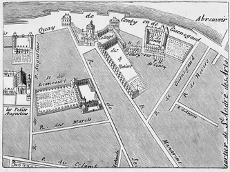 The district of the Collège des Quatre-Nations (Four Nations) and the Hôtel de Conti, facsimile of the plan by J. de la Caille